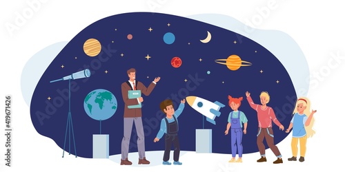 Cartoon flat happy kids characters at astronomy class in planetarium.Children study planets,stars,telescope,rocket- emotions,relationships,educational, web online banner social concept