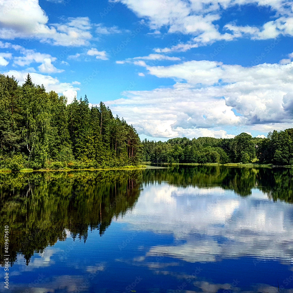 Summer landscape with a lake surrounded by forest in which a blue sky with white cumulus clouds is reflected.