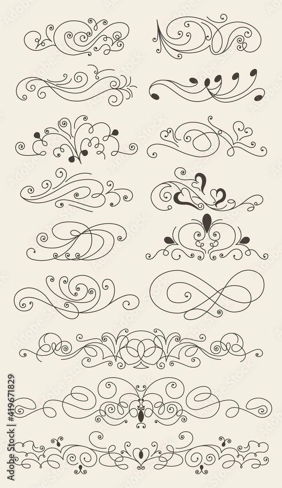 Flourish calligraphic design elements set. Page decoration symbols to embellish your layout. Linear collection of vintage swirls