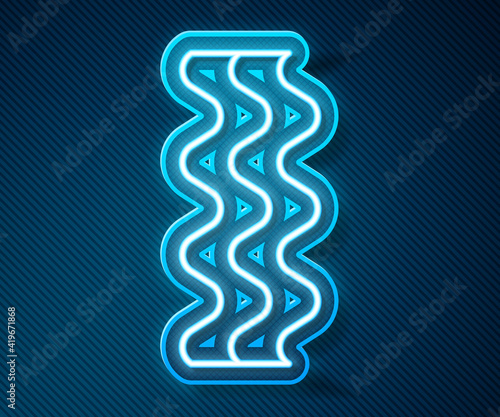 Glowing neon line Bacon stripe icon isolated on blue background. Vector.