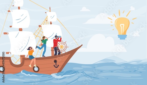 Vector cartoon flat characters sail on ship looking into distance on glowing lamp - new ideas,beginnings,opportunities,future vision,new business,profit searching,money investing concept