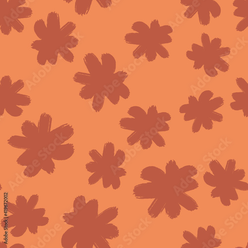 Abstract seamless pattern with decorative flower buds elements print. Orange and beige tones artwork.