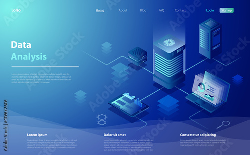 Data analysis concept. Data Analysis for website, mobile website. Big data flow processing concept, cloud database, web hosting, server room. Cloud storage, digital service app with data transfering.