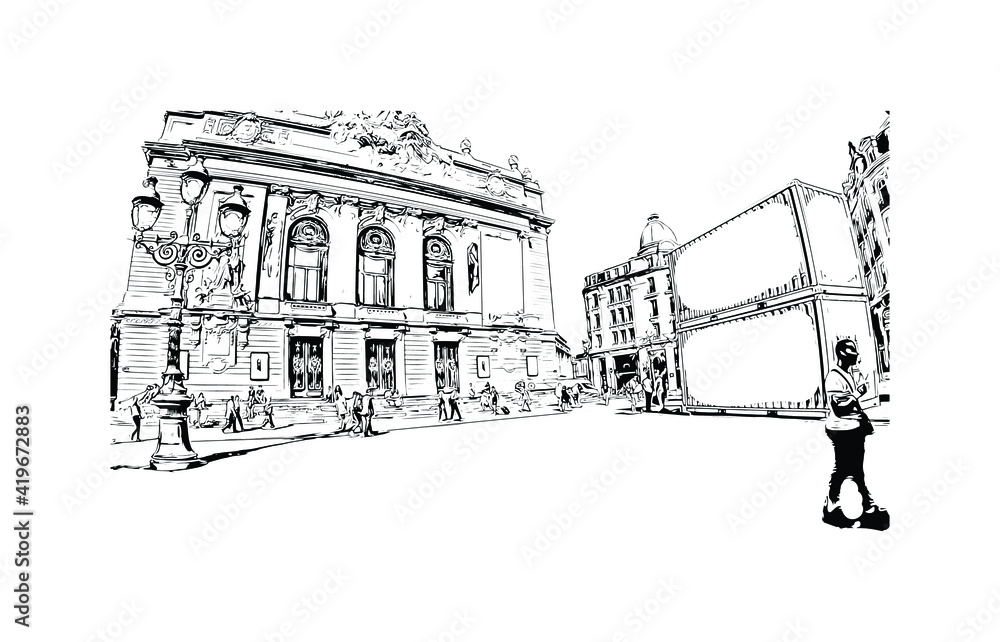 Building view with landmark of Lille is the
city in France. Hand drawn sketch illustration in vector.