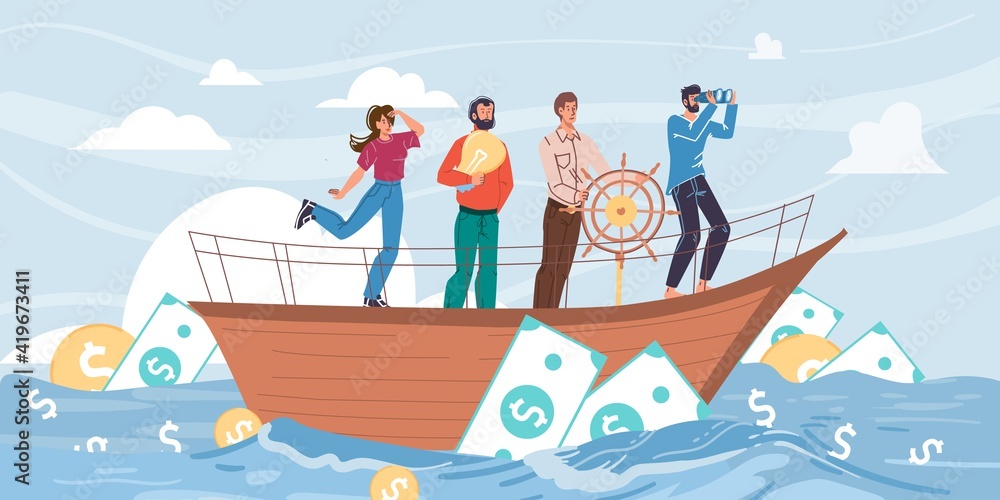 Vector cartoon flat characters sail on ship in midst of cash dollars coins,looking into distance-new beginnings,opportunities,future vision,new business,profit searching,money investing concept