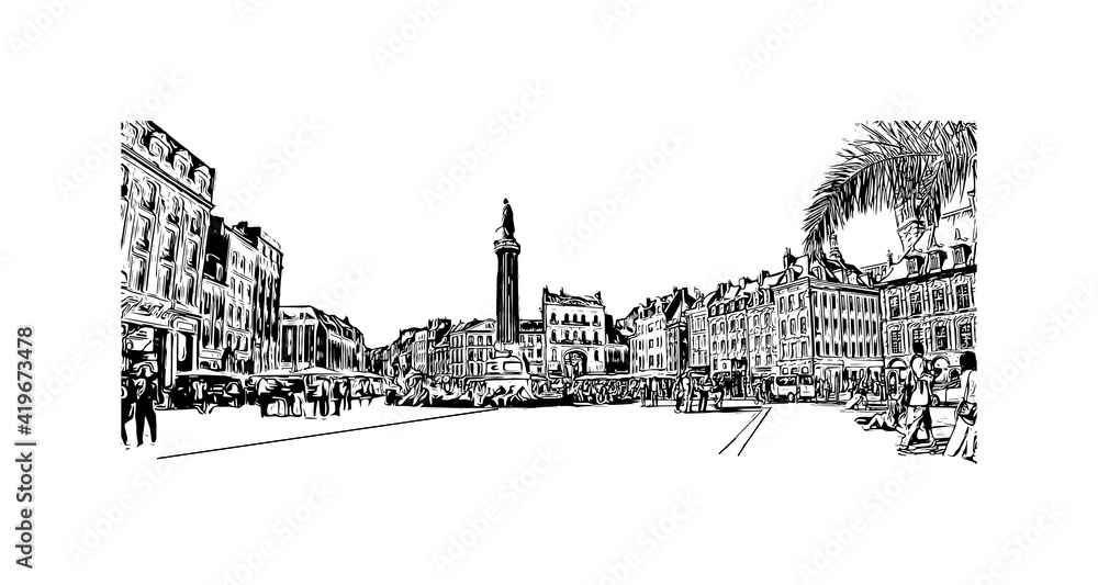 Building view with landmark of Lille is the
city in France. Hand drawn sketch illustration in vector.
