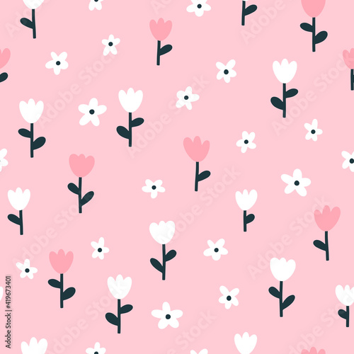 Floral seamless vector pattern with small flowers. Simple hand-drawn style. Motifs scattered liberty. Pretty ditsy for fabric, textile, wallpaper. Digital paper in pink background