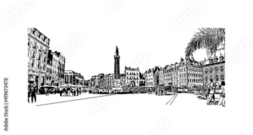 Obraz na płótnie Building view with landmark of Lille is the
city in France. Hand drawn sketch illustration in vector. w salonie