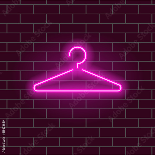 Clothes hanger pink neon glow bright sign background dark wall vector illustration.