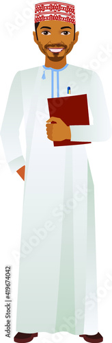 Arab middle eastern Omani, a Saudi man in traditional formal thobe and Shimagh, on white isolated background	
