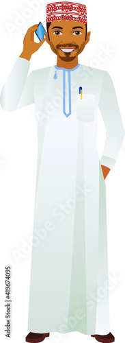 Arab middle eastern Omani, Saudi man in traditional formal thobe and Shimagh, on white isolated background