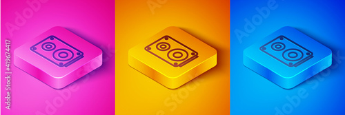 Isometric line Stereo speaker icon isolated on pink and orange, blue background. Sound system speakers. Music icon. Musical column speaker bass equipment. Square button. Vector.