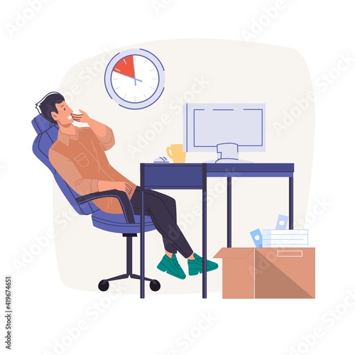 Cartoon flat employee character at work stress scene.Frustrated burnout tired man at desk workplace office interior-productivity,work stress situation,time management web site banner concept