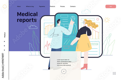 Medical report application -medical insurance web page template -modern flat vector concept digital illustration -patient and a doctor using medical application with reports and test results, metaphor