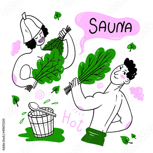 Men and women in hot sauna, healthy lifestyle, weekend relax