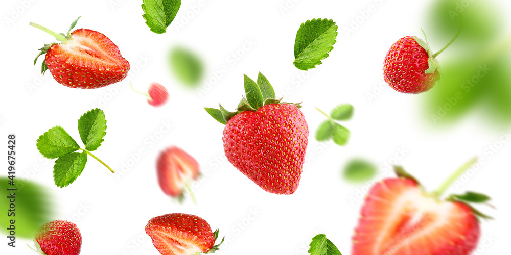 ripe strawberry group, slices and leaves on air ripe strawberry group, slices and leaves on air