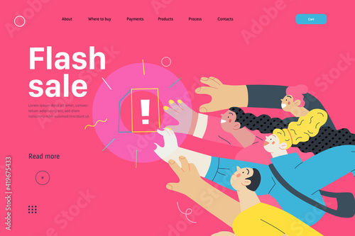 Discounts, sale, promotion- web template -modern flat vector concept illustration of people crowd raising hands trying to get a limited offer product with an exclamation sign, in pursuit. Flash sale