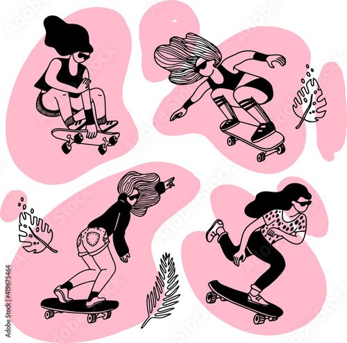 Set of girls on skateboard jumping, balancing, increasing speed, movement, palm leaves, pink spots on the background