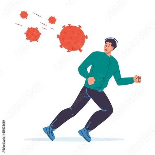 Cartoon flat male character in fear of coronavirus covid-19.Afraid man in panic,scary of viral respiratory infection disease-pandemia prevention protection,medical web online banner social concept