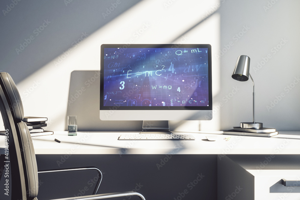 Naklejka premium Creative scientific formula illustration on modern computer monitor, science and research concept. 3D Rendering