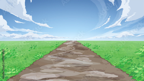 まっすぐな土の道と草原の風景イラスト_ぬかるみ_16:9