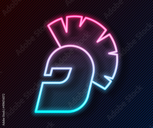 Glowing neon line Greek helmet icon isolated on black background. Antiques helmet for head protection soldiers with a crest of feathers or horsehair. Vector.