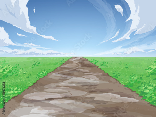 まっすぐな土の道と草原の風景イラスト_ぬかるみ