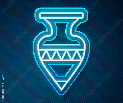 Glowing neon line Ancient amphorae icon isolated on blue background. Vector.