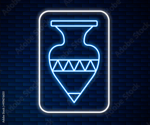 Glowing neon line Ancient amphorae icon isolated on brick wall background. Vector.