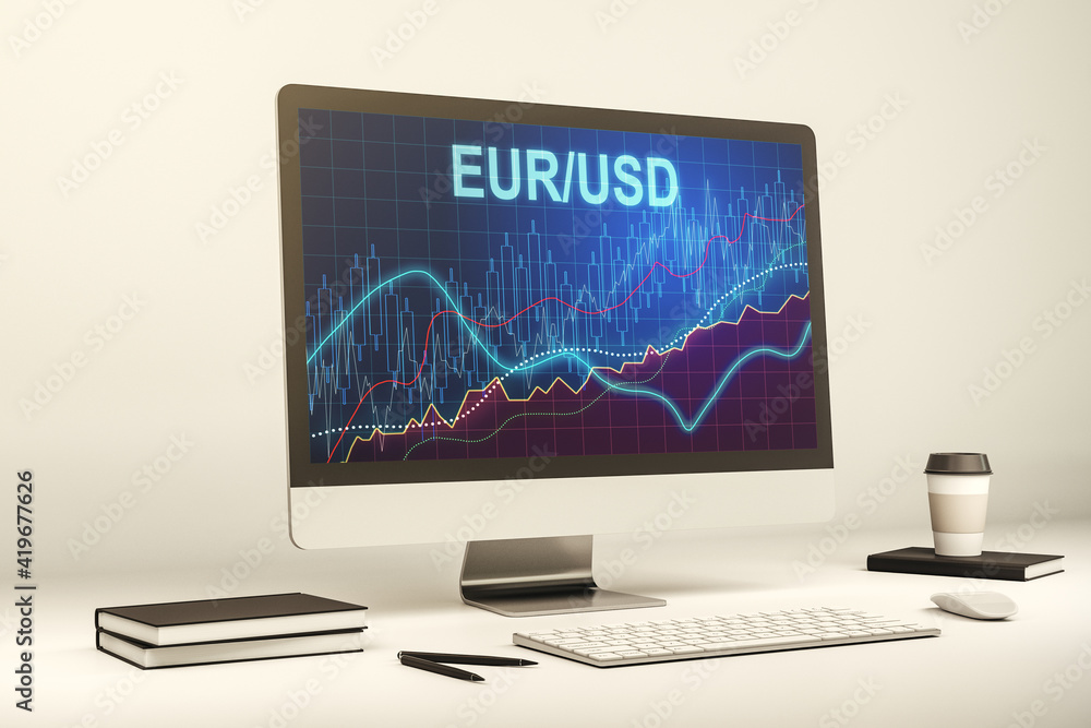 Creative EURO USD forex graph sketch on modern laptop monitor, strategy and forecast concept. 3D Rendering Creative EURO USD forex graph sketch on modern laptop monitor, strategy and forecast concept. 3D Rendering