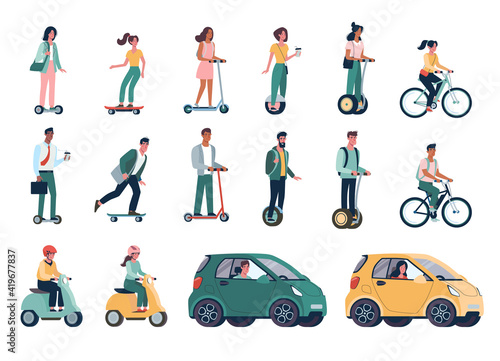 Flat vector set of environmentally friendly alternative vehicles. People, men and women ride modern eco-cars, electric scooters, skateboards, bicycles, mopeds. Green energy