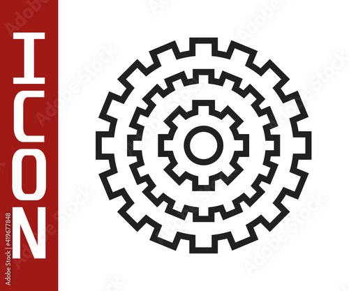 Black line Bicycle cassette mountain bike icon isolated on white background. Rear Bicycle Sprocket. Chainring crankset with chain. Vector.