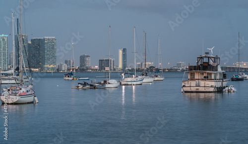 boats in marina beautiful place Miami Florida skyline buildings nautical morning summer ocean 