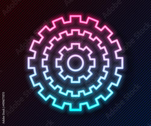Glowing neon line Bicycle cassette mountain bike icon isolated on black background. Rear Bicycle Sprocket. Chainring crankset with chain. Vector.