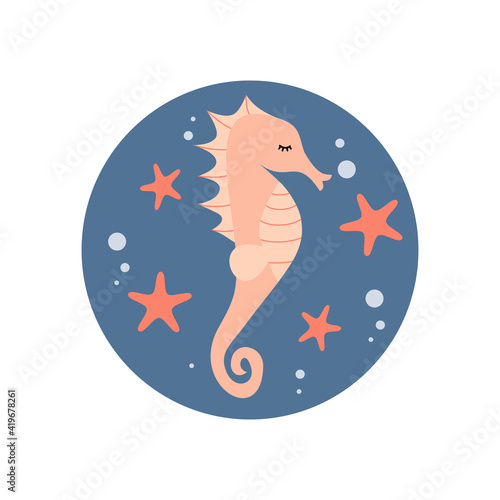 Cute logo or icon vector with seahorse in the sea, illustration on circle for social media story and highlights	 photo