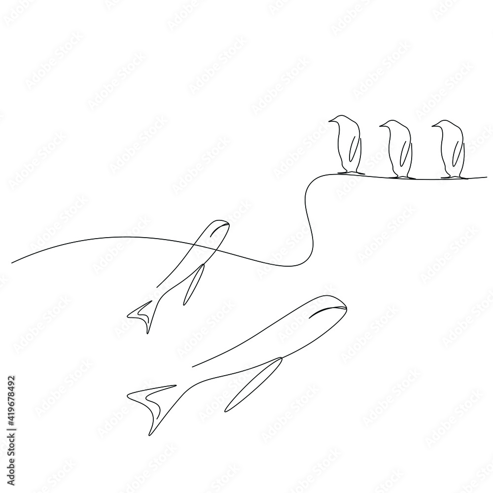 Fototapeta premium Whale on ocean and penguins, vector illustration