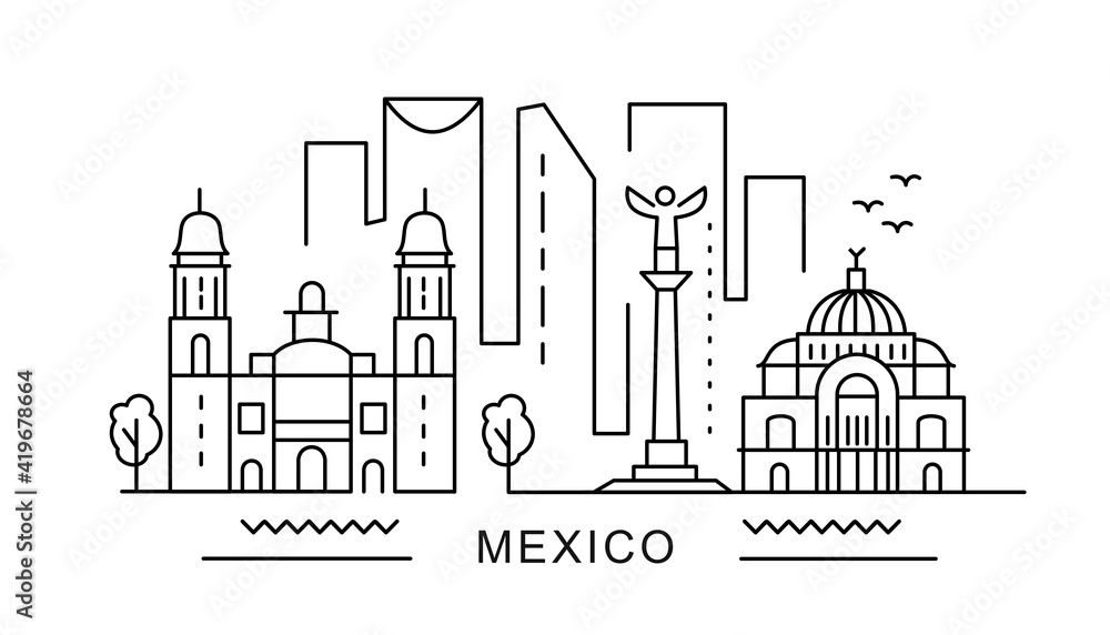 Mexico minimal style City Outline Skyline with Typographic. Vector cityscape with famous landmarks. Illustration for prints on bags, posters, cards. 