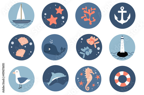 cute vector set of logo design templates, icons and badges for social media highlight with sea life elements	