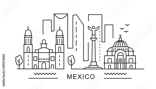 Mexico minimal style City Outline Skyline with Typographic. Vector cityscape with famous landmarks. Illustration for prints on bags, posters, cards. 