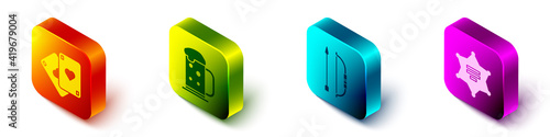 Set Isometric Playing cards, Wooden beer mug, Bow and arrow in quiver and Hexagram sheriff icon. Vector.