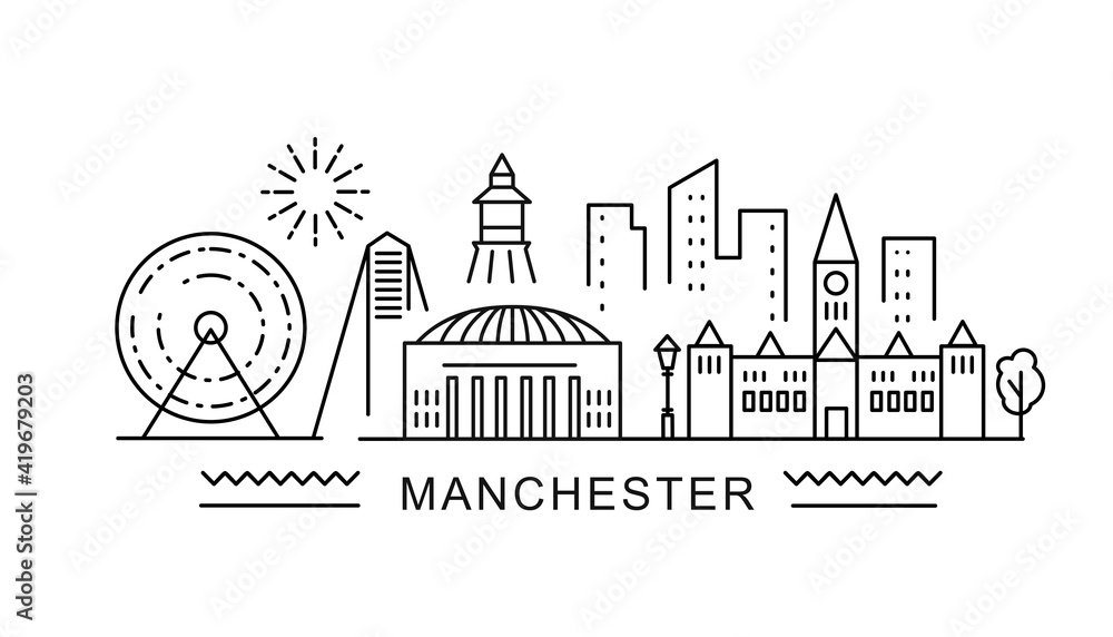 Manchester minimal style City Outline Skyline with Typographic. Vector cityscape with famous landmarks. Illustration for prints on bags, posters, cards. 