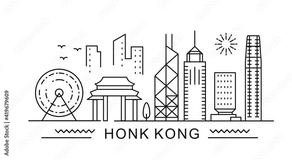 Hong Kong minimal style City Outline Skyline with Typographic. Vector cityscape with famous landmarks. Illustration for prints on bags, posters, cards. 