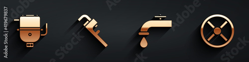 Set Electric boiler for heating water, Pipe adjustable wrench, Water tap and Industry valve icon with long shadow. Vector.
