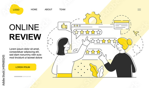 Two female characters are setting online review together. Concept of online feedback and rating by giving stars. Website, web page, landing page template. Flat cartoon vector illustration