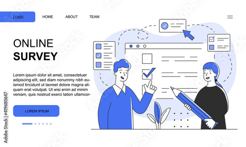 Male and female characters are filling out online survey on exam. Young woman is writing mark next to answer. Website, web page, landing page template. Flat cartoon vector illustration
