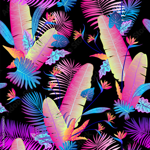 Pattern vector neon tropical leaves of palm, monstera, fern. Pink, purple and blue plants on a black background.
