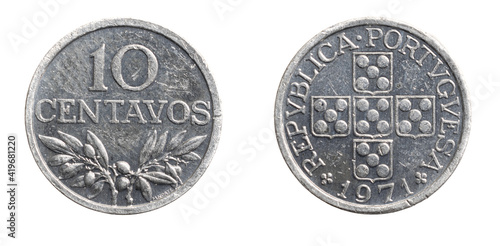 Portugal ten centavos coin on a white isolated background