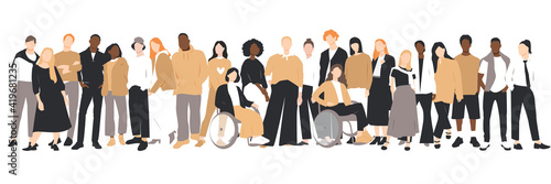 People of different ethnicities stand side by side together. Flat vector illustration.
