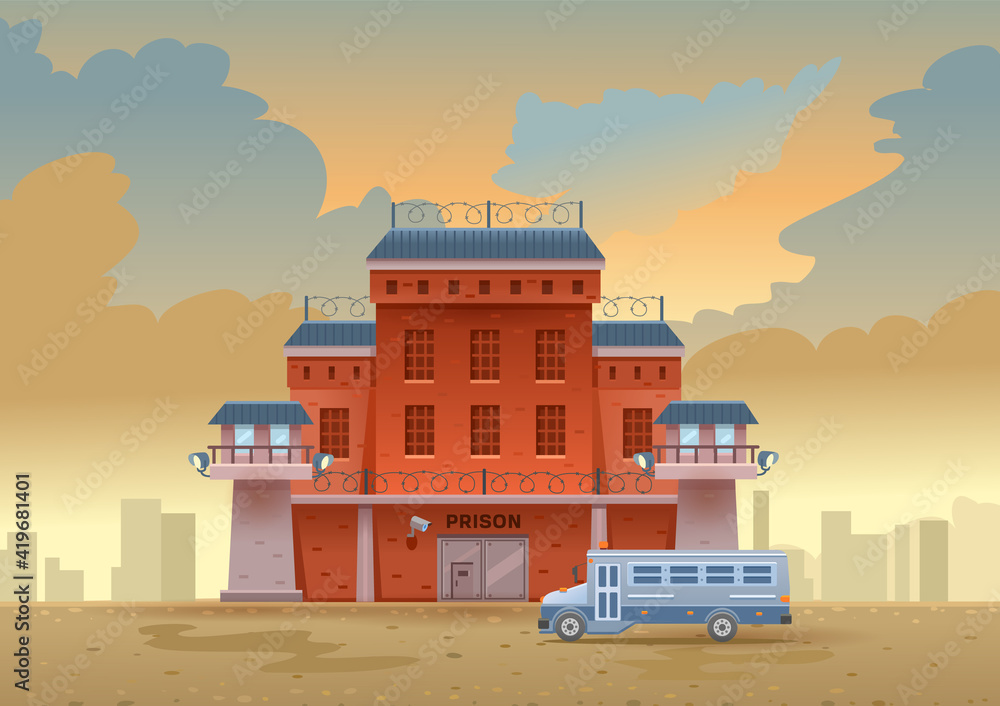 Fototapeta premium City prison building with two watchtowers on a high brick fence with barbed wire, a bus for transporting prisoners. Vector flat illustration