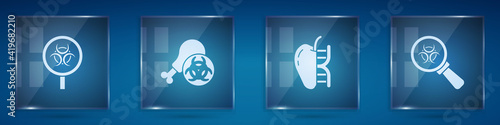 Set Biohazard and magnifying glass, Gmo research chicken, Genetically modified apple and . Square glass panels. Vector.